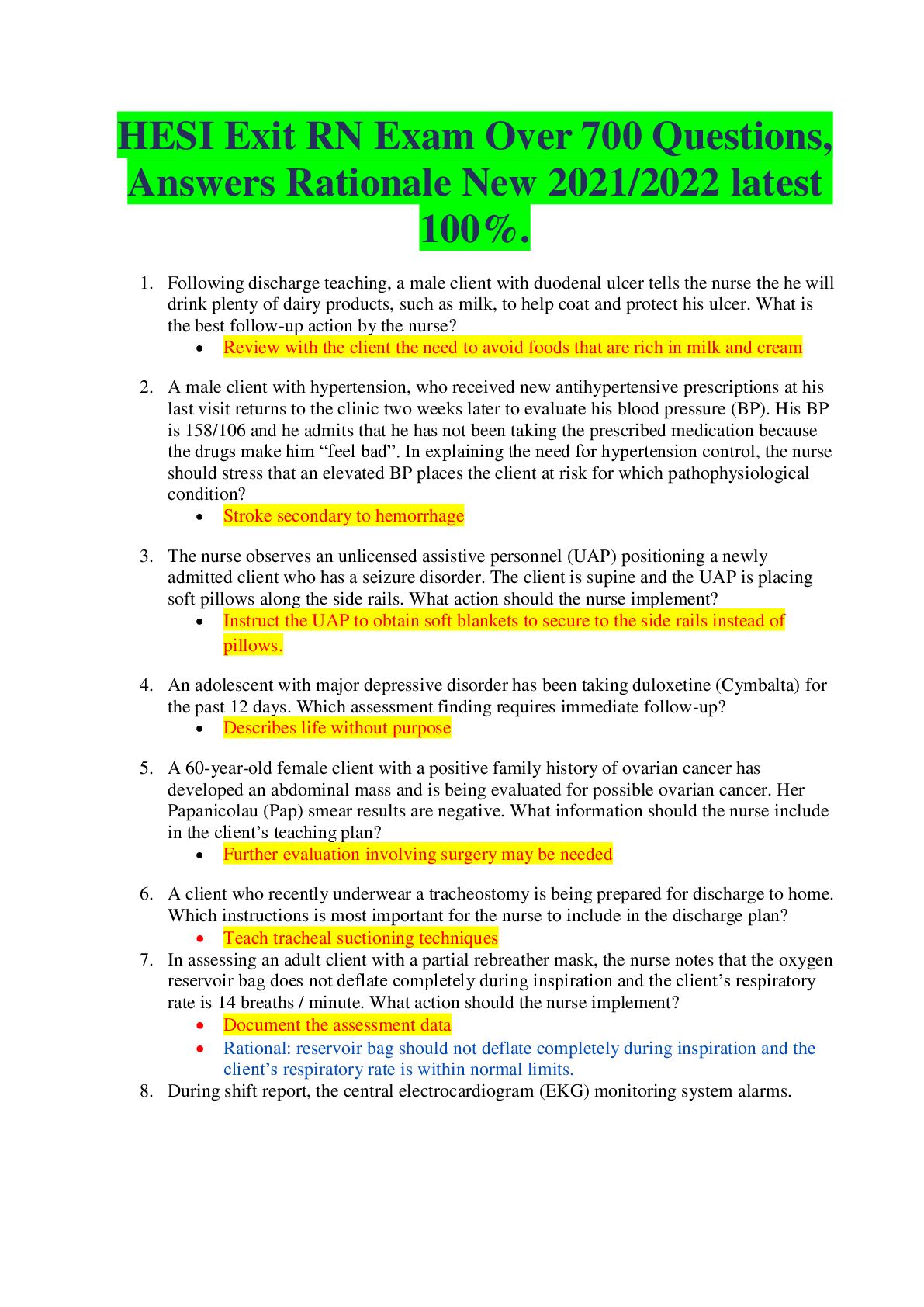 Preview image for HESI Exit RN Exam Over 700 Questions, Answers Rationale New 2021/2022 latest 100%.